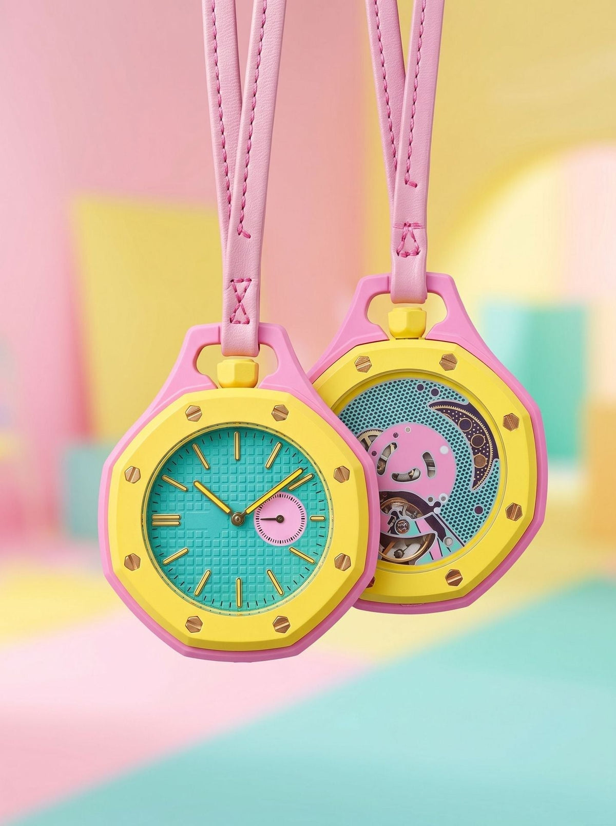 Royal Pop Multicolor Contrast Pink Yellow Octagonal Lanyard Pocket Watch