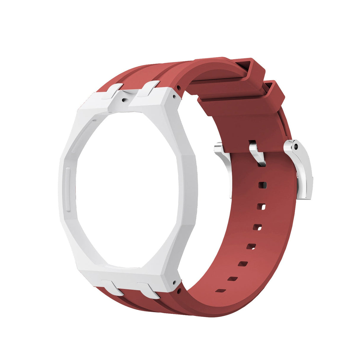 White Metal Case + Wine Red Silicone Strap Mod Kit | Royal Oak Style Replacement Set For G-Shock GA2100 GA-B2100