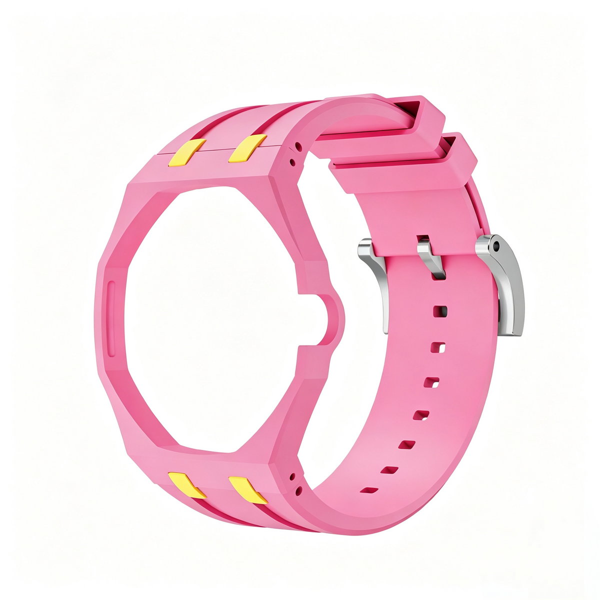 Light Pink Metal Case + Yellow Accent Light Pink Silicone Strap Mod Kit | Royal Oak Style Replacement Set For G-Shock GA2100 GA-B2100